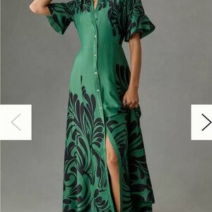 Anthropologie Emerald Green Maxi Dress with Black Botanical Print